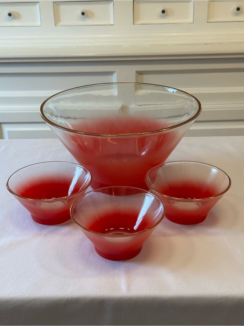 🍓 Vintage Blendo Red Frosted Ombre 4 Pc Salad Bowl Set Gold Rim MCM HTF